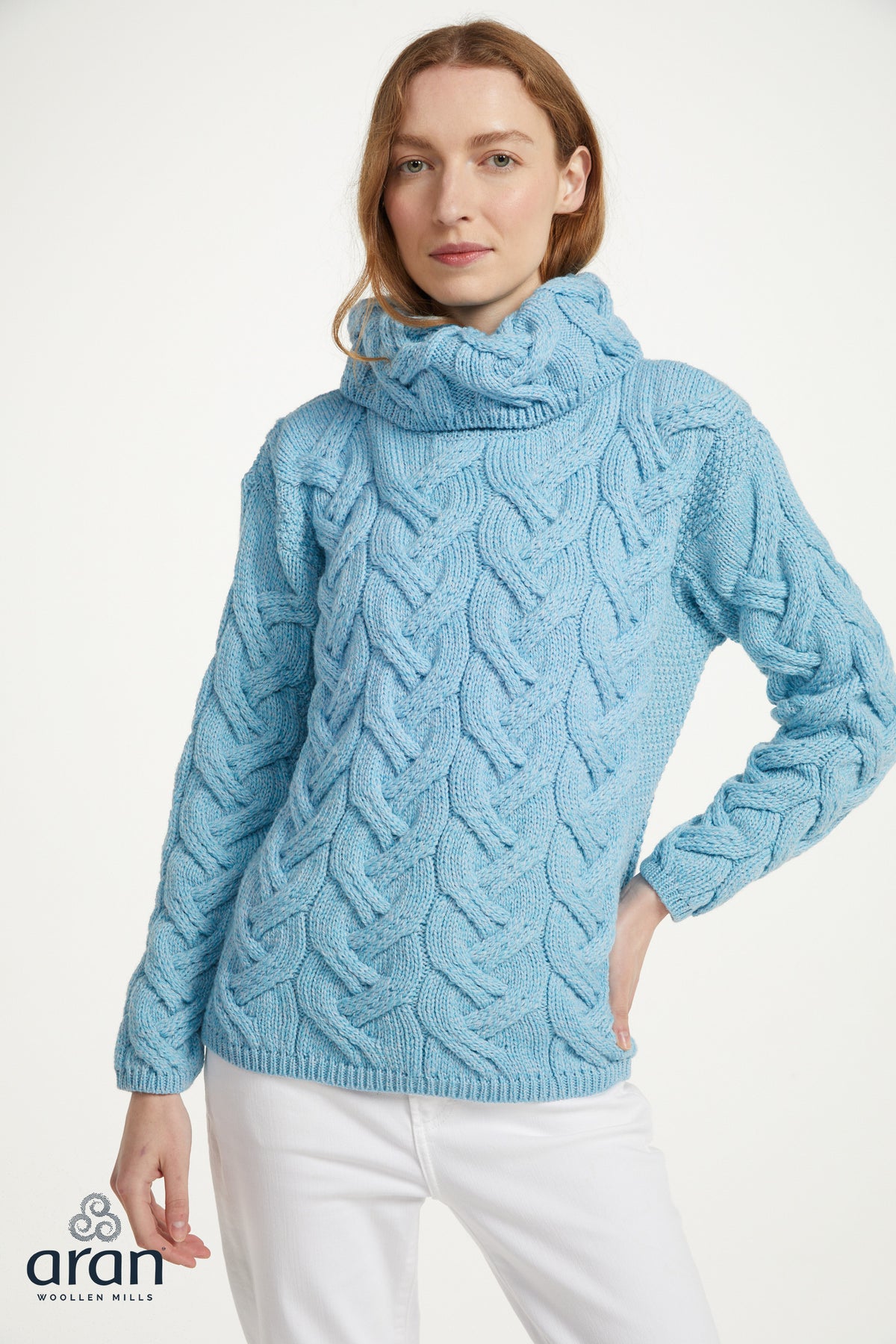 AWM B692 Chunky Cable Cowl Aran Sweater Sky Blue