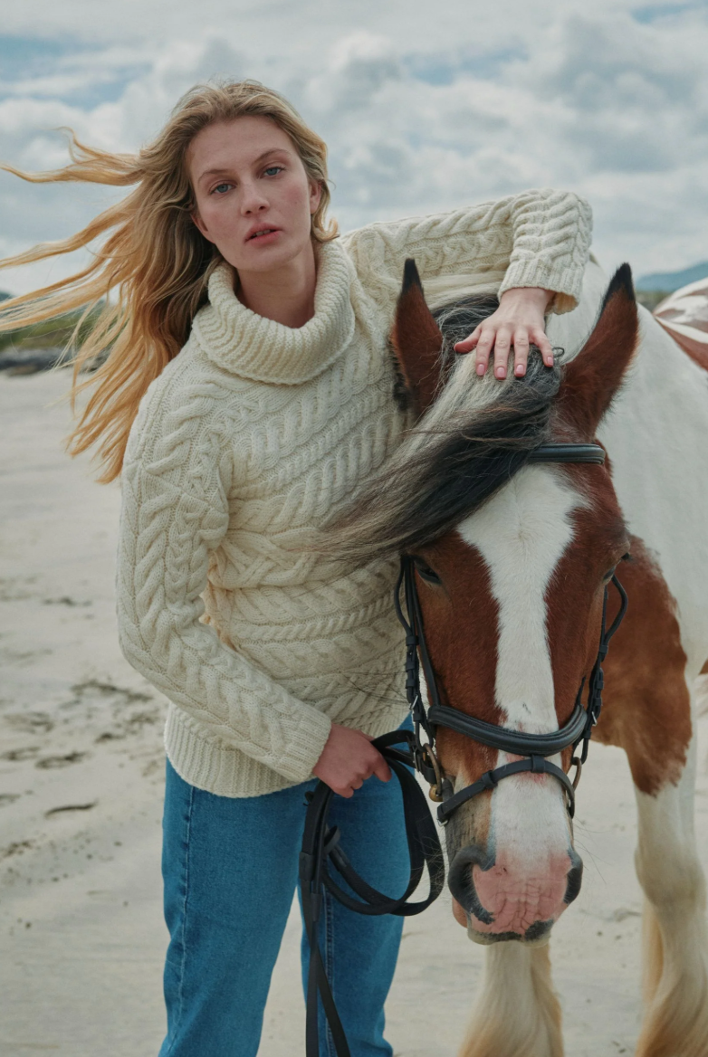 AWM B145 Aran Horizontal Cable Sweater - Classic Aran Cream