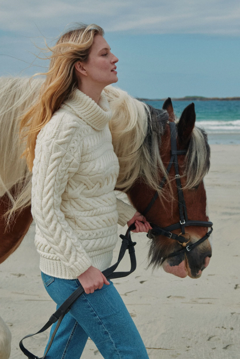 AWM B145 Aran Horizontal Cable Sweater - Classic Aran Cream
