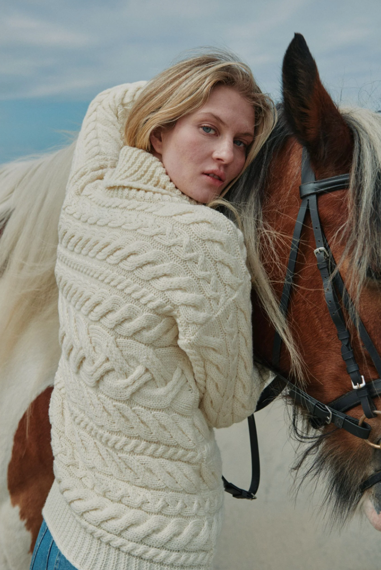 AWM B145 Aran Horizontal Cable Sweater - Classic Aran Cream
