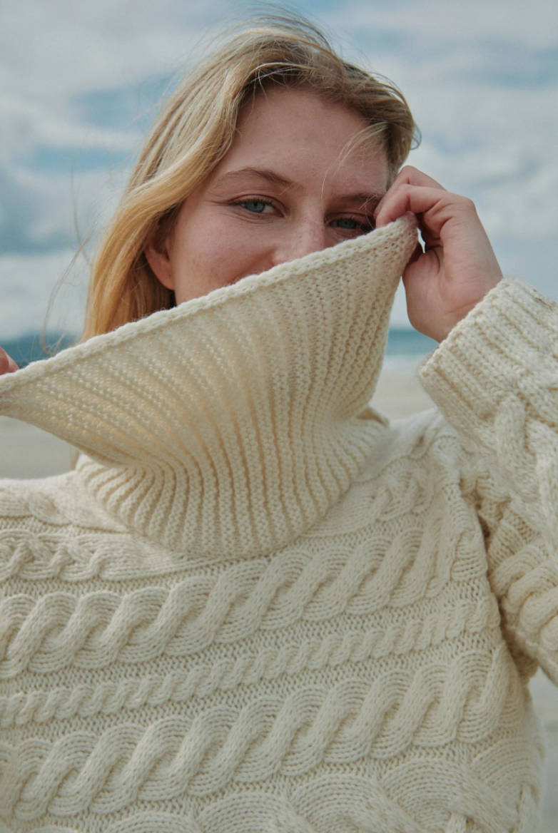 AWM B145 Aran Horizontal Cable Sweater - Classic Aran Cream