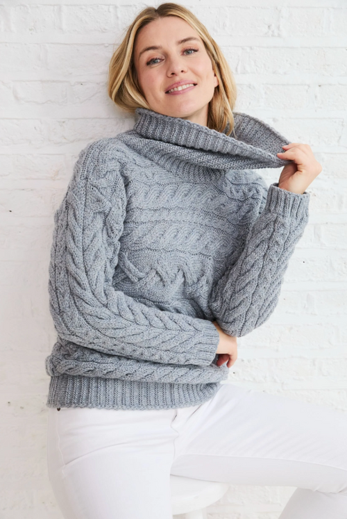 AWM B145 Aran Horizontal Cable Sweater - Ocean Grey