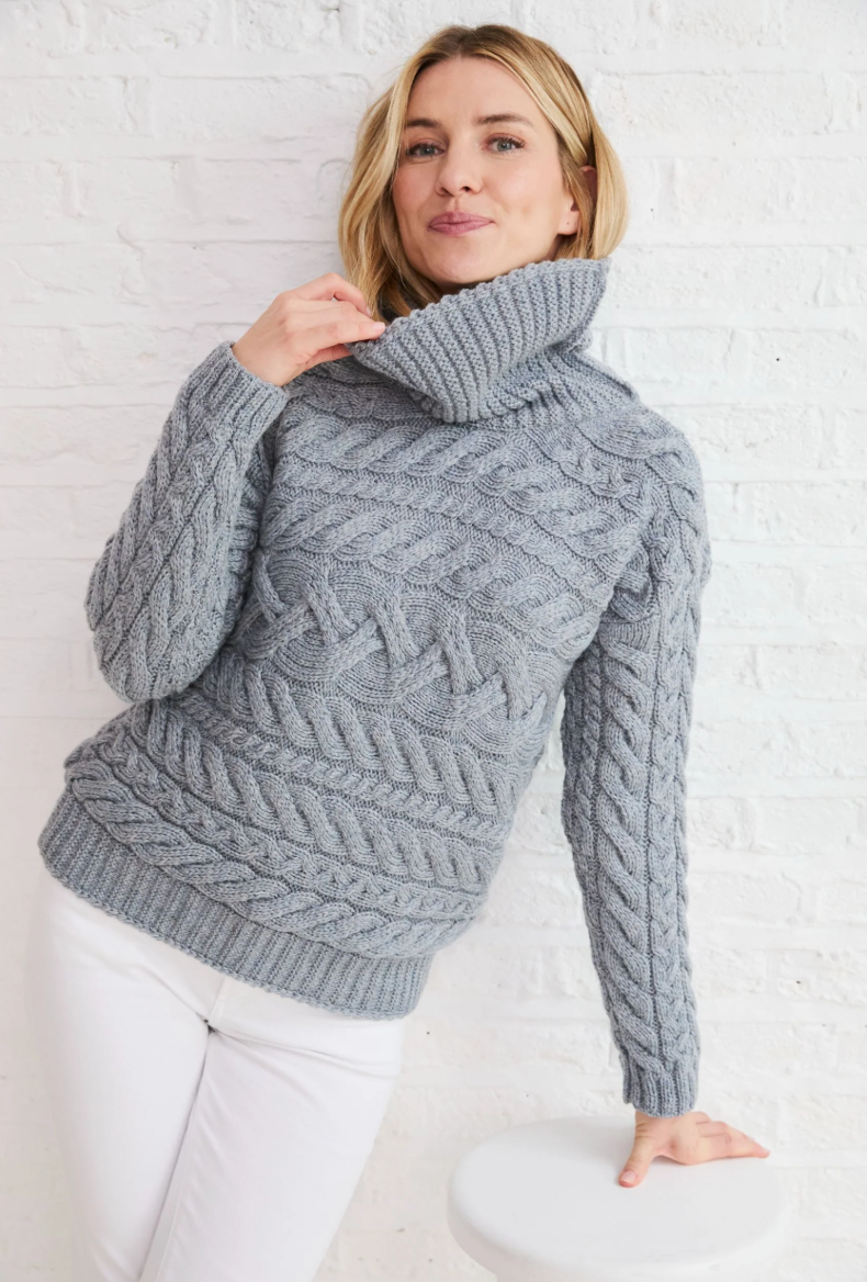 AWM B145 Aran Horizontal Cable Sweater - Ocean Grey