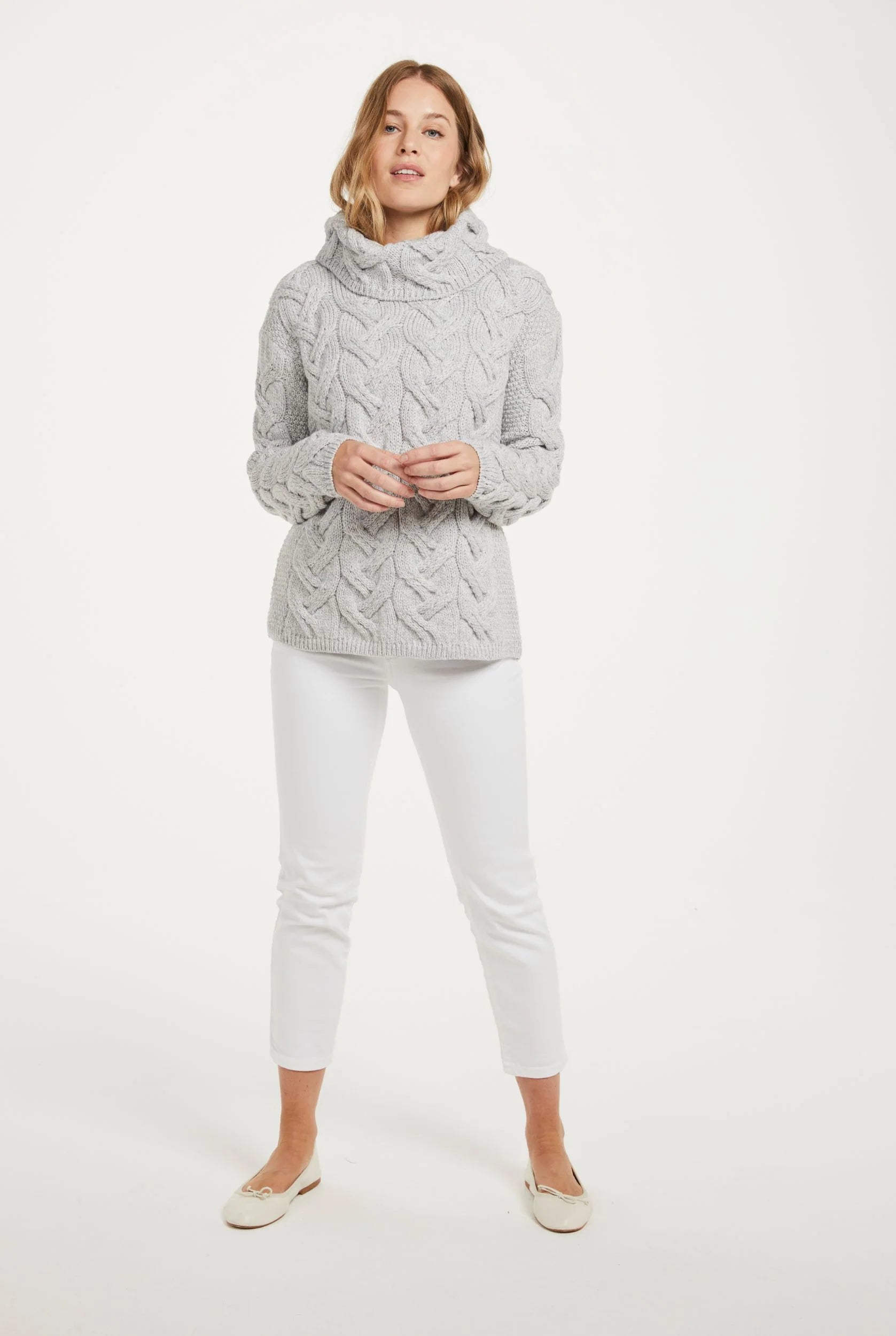 AWM B692 Chunky Cable Aran Sweater Feather Grey