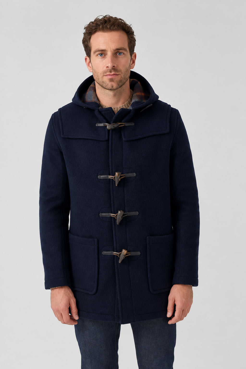 Alan Paine Duffle Coat Alcombey Check Back In Navy