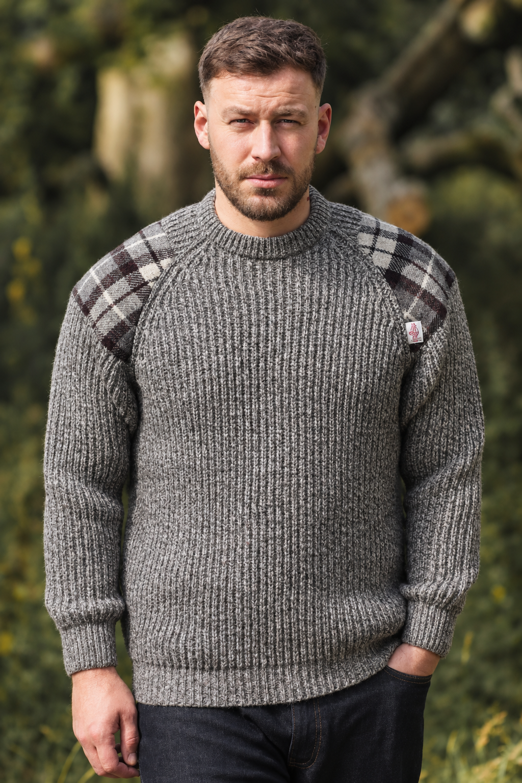 Harris Tweed Patch Crew Pullover- Outdoor Knitwear Gamekeeper