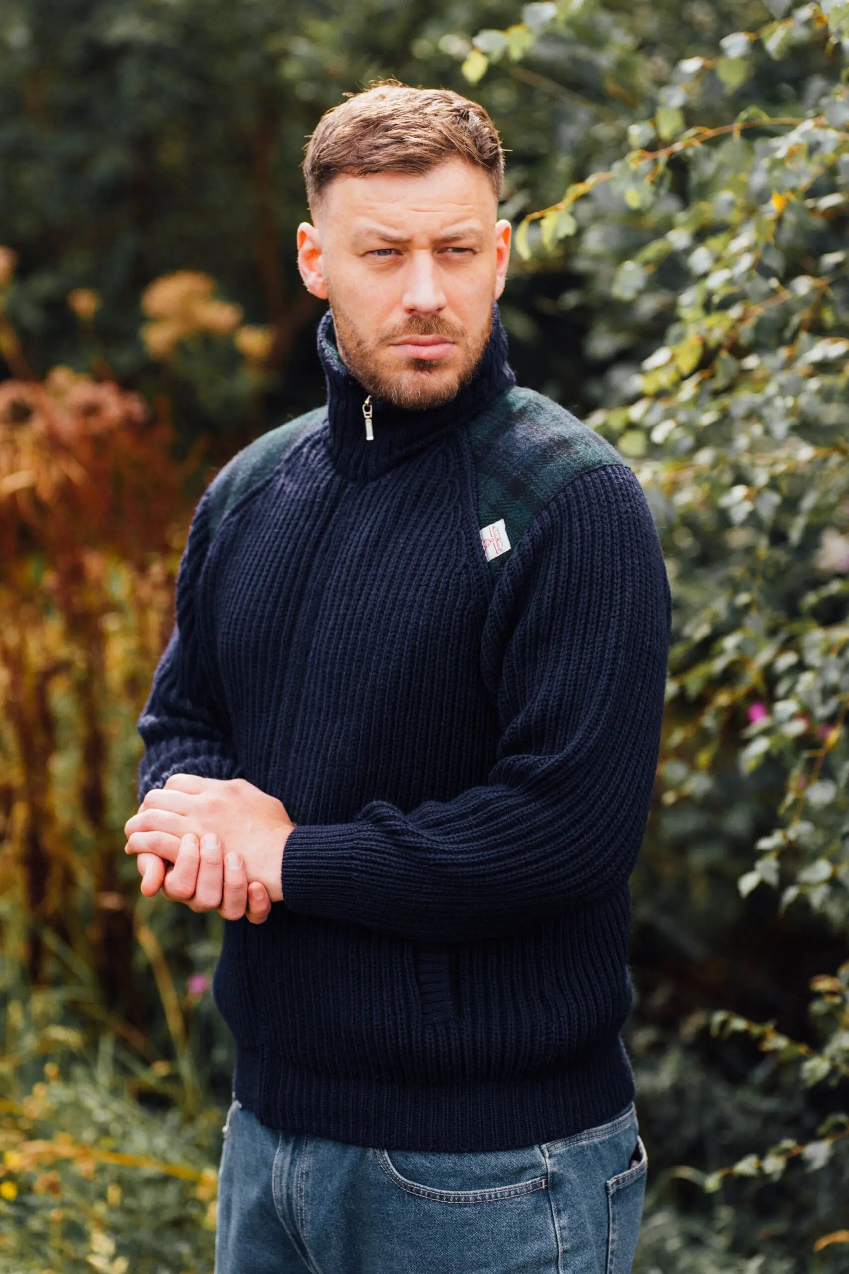 Harris Tweed Patch Full Zip Pullover- Outdoor Knitwear Shetlander