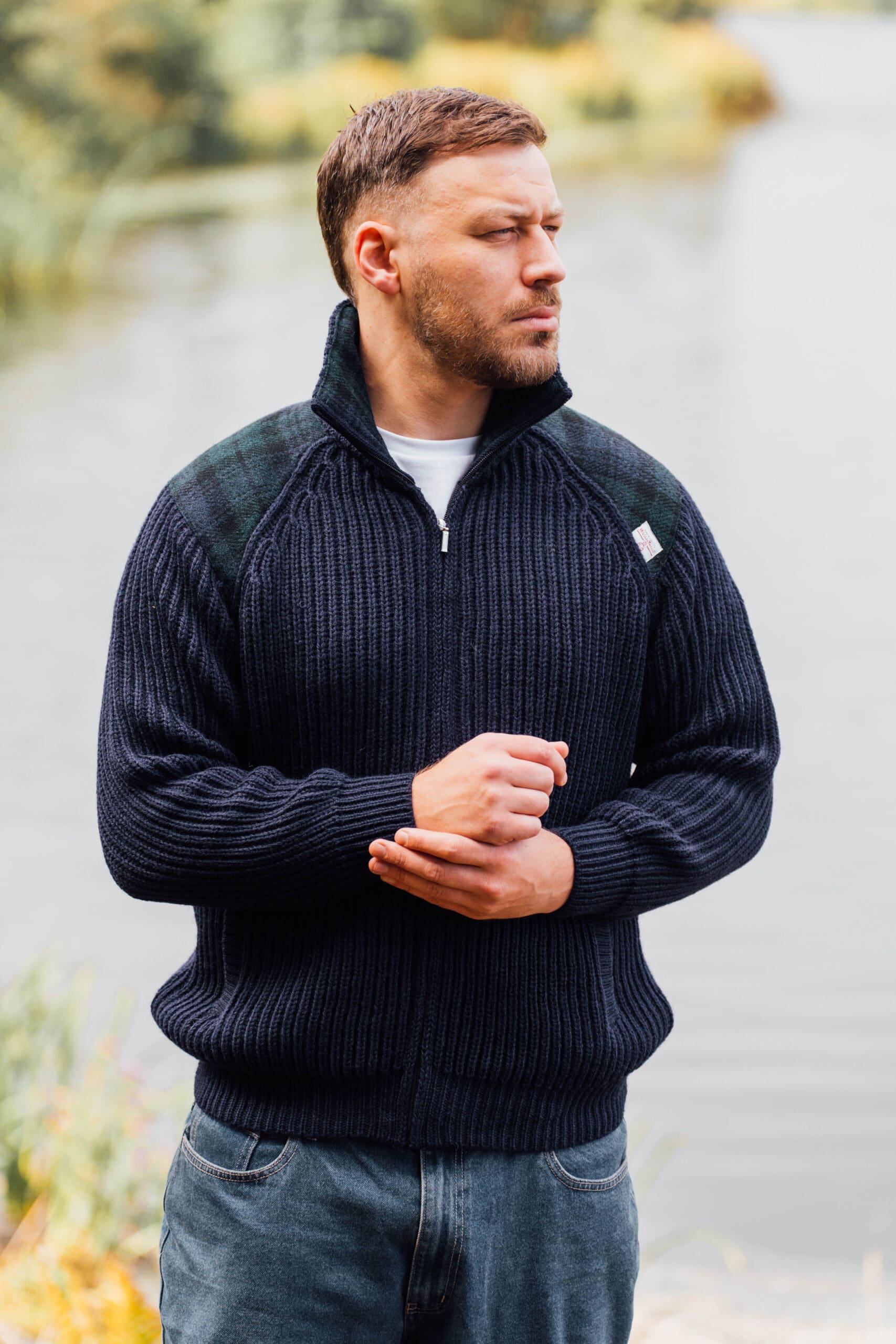 Harris Tweed Patch Full Zip Pullover- Outdoor Knitwear Shetlander