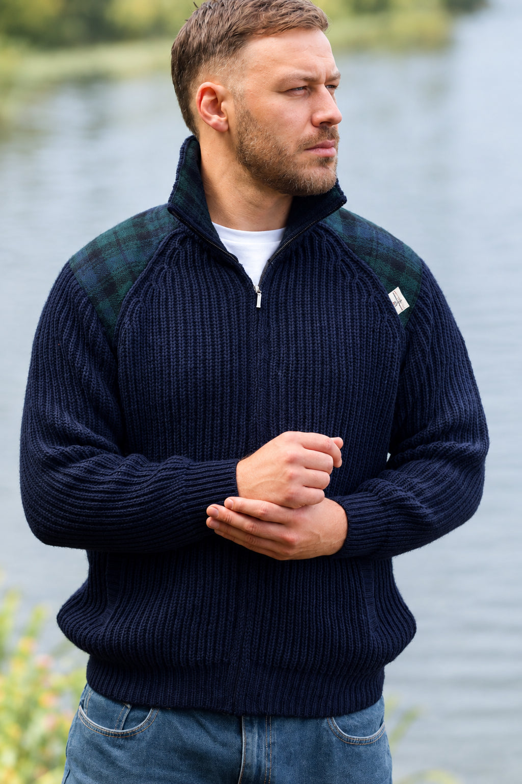 Harris Tweed Patch Full Zip Pullover- Outdoor Knitwear Shetlander