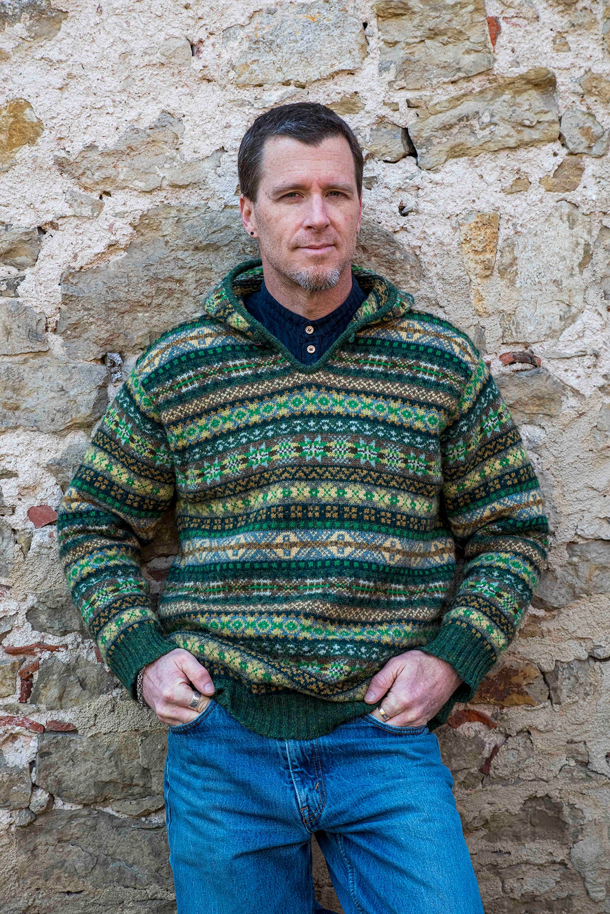 Jamieson's Unisex Hooded Pullover Green Fair Isle
