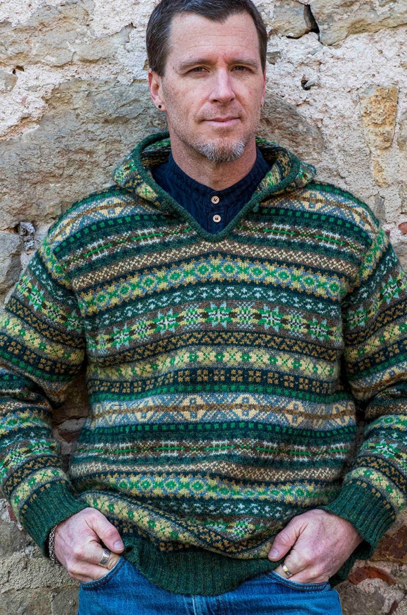 Jamieson's Unisex Hooded Pullover Green Fair Isle
