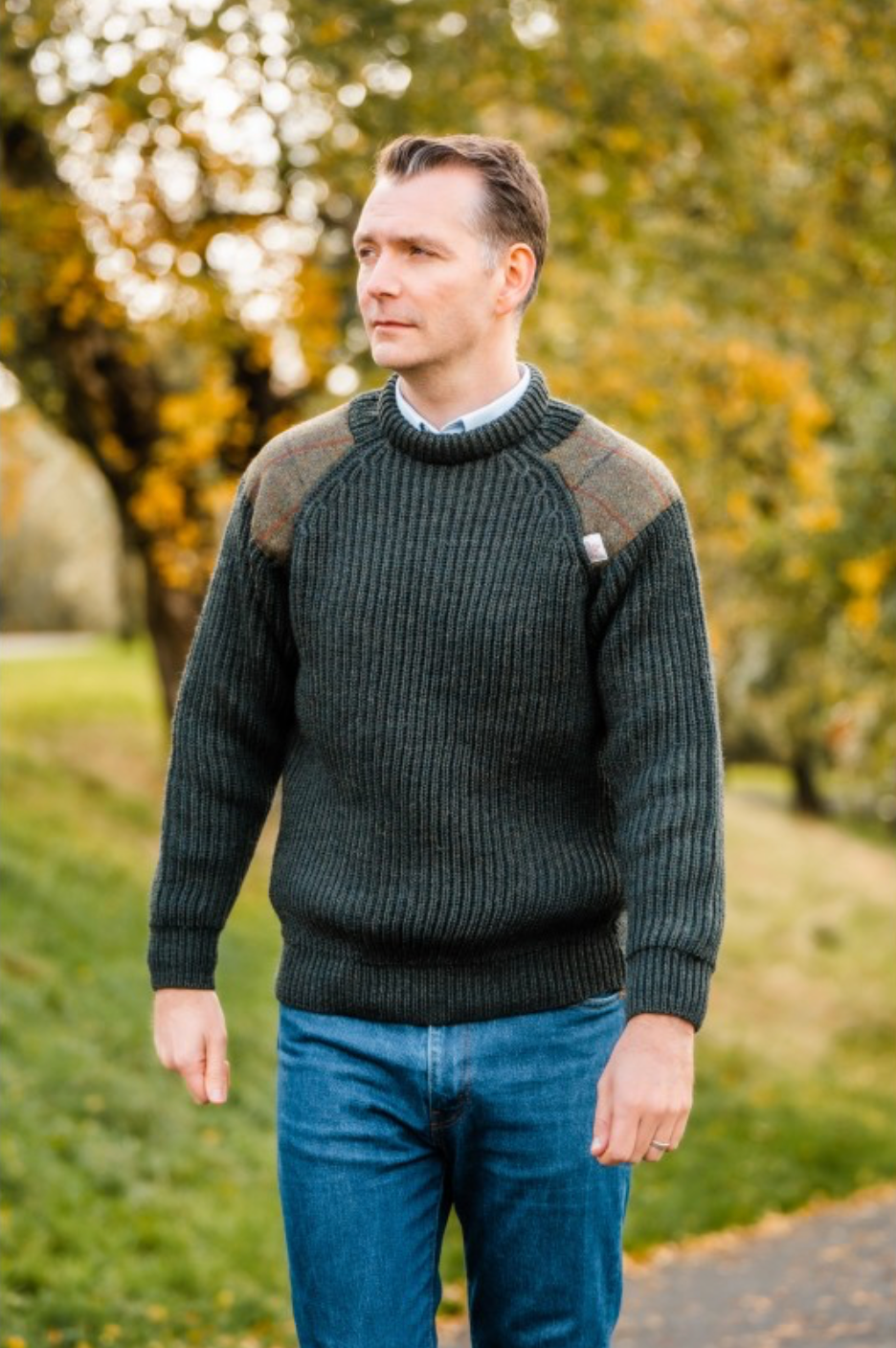 Harris Tweed Patch Crew Pullover- Outdoor Knitwear Gamekeeper